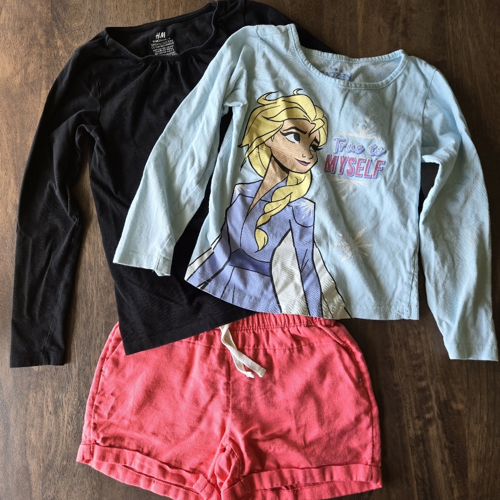 Girls 6 Bundle H&M Black Shirt, Disney Frozen Shirt and Pink Shorts